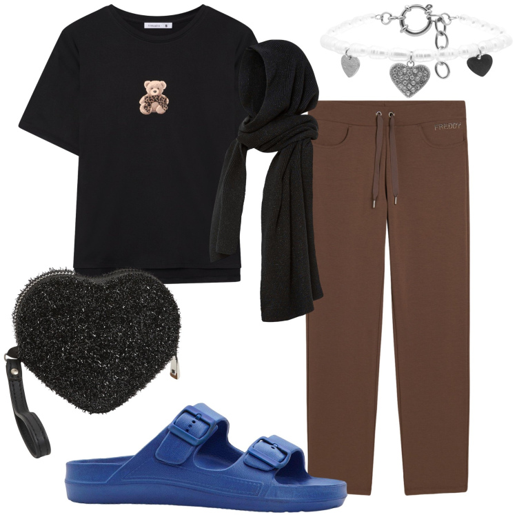 Outfit donna - Domenica mattina piena di amore. Stile Basic per Tutti i giorni. Abbinamento con sciarpe, ciabatte, portafogli, t-shirt, braccialetti, pantaloni.