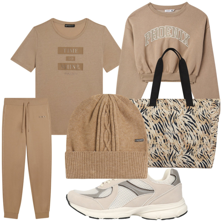 Outfit donna - Off duty. Stile Casual per Tutti i giorni. Abbinamento con felpe, sneakers, pantaloni, shopping bag, berretti, t-shirt.