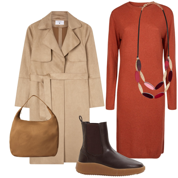 Outfit donna - Domenica al ristorante. Stile Urban per Tutti i giorni. Abbinamento con stivaletti chelsea, trench, borse a mano, vestiti midi/longuette, collane.