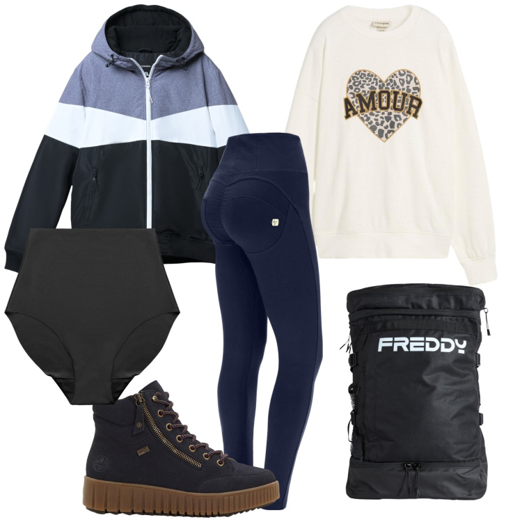 Outfit donna - Sportiva domenica dí amore. Stile Casual per Tutti i giorni. Abbinamento con felpe, sneakers alte, culotte, giacche, zaini, pantaloni skinny.