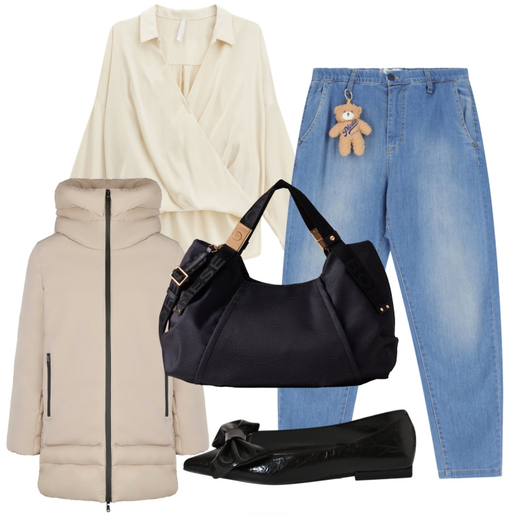 Outfit donna - Il jeans con charm con amici. Stile Trendy per Tutti i giorni. Abbinamento con jeans, ballerine, camicie, borse a mano, cappotti.