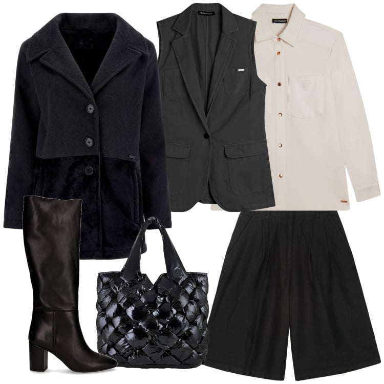 Outfit donna - Bermuda e gilet. Stile Casual chic per Ufficio. Abbinamento con cappotti, gilet, camicie, borse tote, bermuda, stivali.