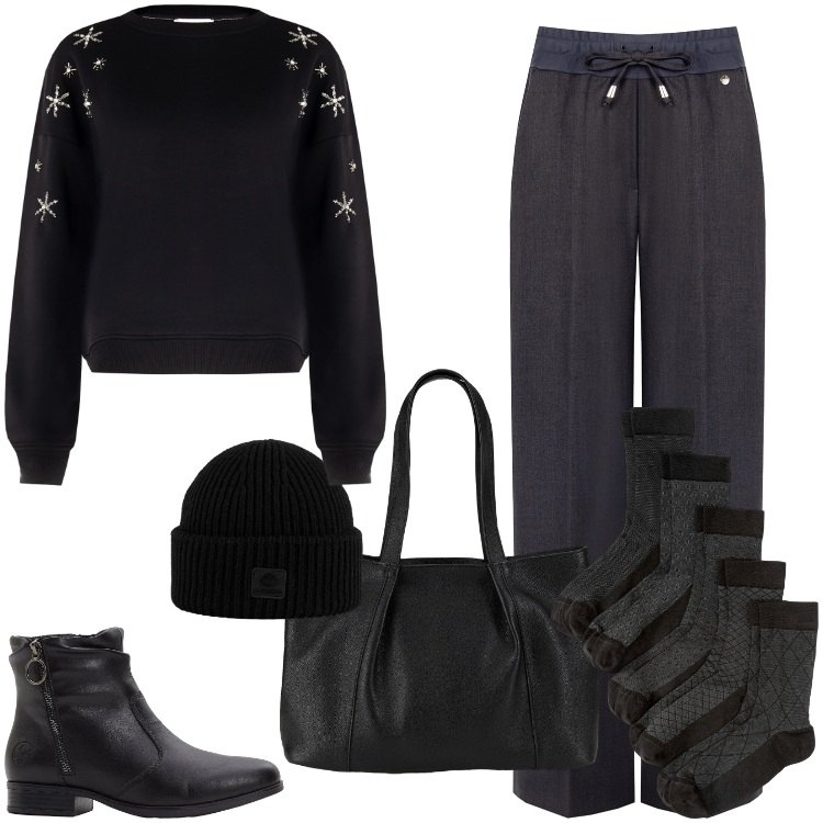 Outfit donna - Total look #2291984. Stile Trendy per Tutti i giorni. Abbinamento con calzini, stivaletti, shopping bag, pantaloni, felpe, berretti.