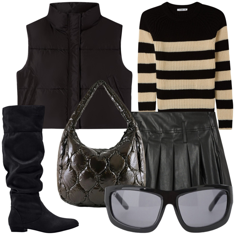 Outfit donna - Total look. Stile Trendy per Tutti i giorni. Abbinamento con stivali, maglieria, minigonne, piumini, occhiali da sole, borse tote.