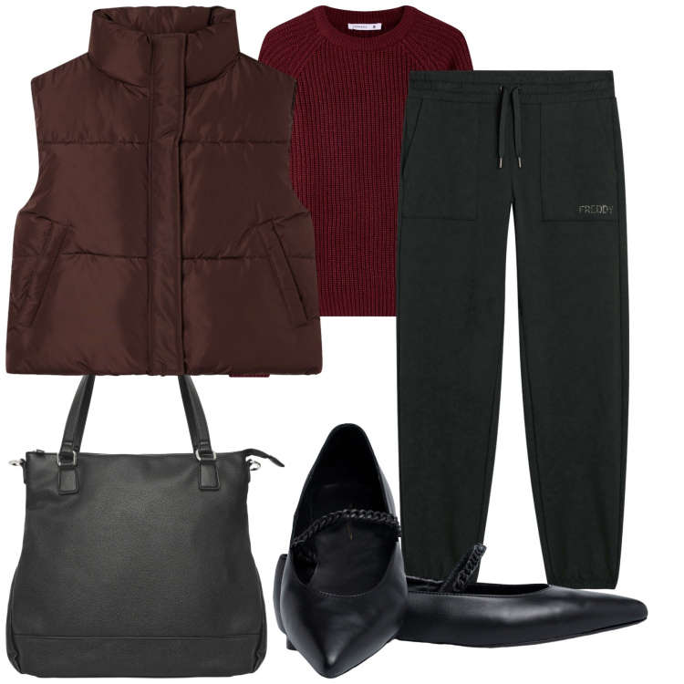 Outfit donna - Domenica in bordeaux e nero. Stile Basic per Tutti i giorni. Abbinamento con piumini, maglieria, shopping bag, pantaloni, ballerine.
