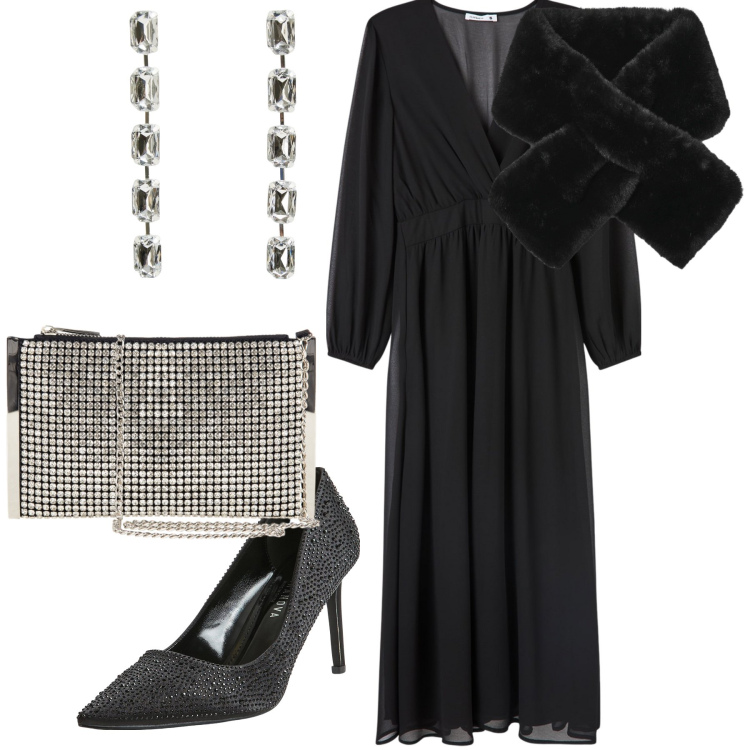 Outfit donna - Invito alla mostra. Stile Glamour per Serata fuori. Abbinamento con vestiti lunghi, décolleté, sciarpe, orecchini, pochette.