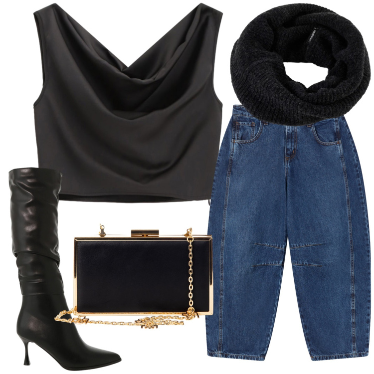 Outfit donna - Aperitivo in jeans. Stile Sexy per Serata fuori. Abbinamento con jeans, pochette, top, stivali sopra il ginocchio, scaldacollo.