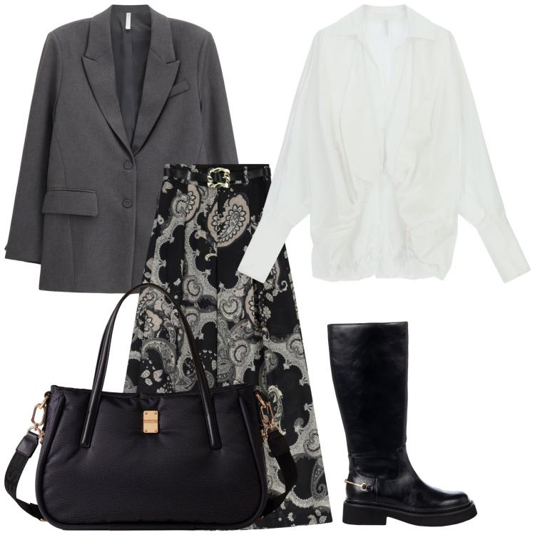 Outfit donna - Ufficio in gonna particolare. Stile Urban per Ufficio. Abbinamento con stivali sopra il ginocchio, gonne lunghe, camicie, blazer, shopping bag.