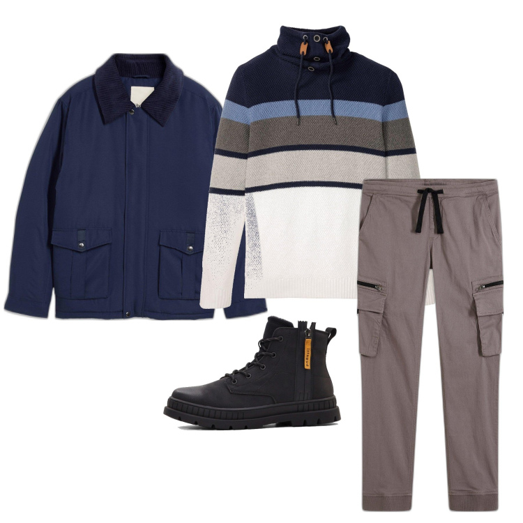 Outfit homme - Novembre. Style Casual pour Tous les jours. Assortir avec bottes, pulls, vestes, pantalon cargo.