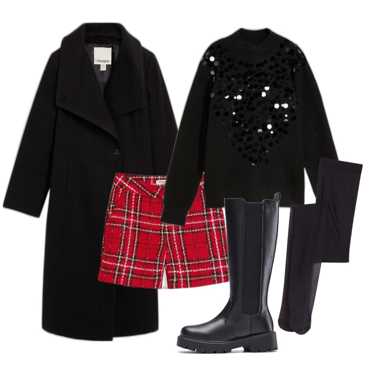 Outfit femme - Novembre. Style Glamour pour Soirée dehors. Assortir avec short, pulls, bottes, manteaux, collants.