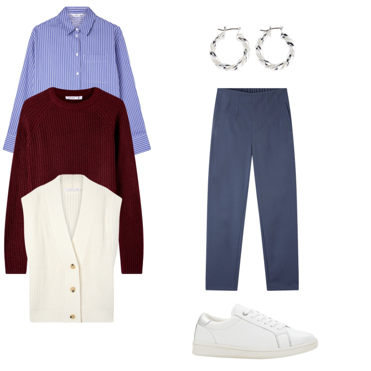 Outfit donna - Classico. Stile Basic per Ufficio. Abbinamento con sneakers, orecchini, gilet, pantaloni chino, maglieria, camicie.