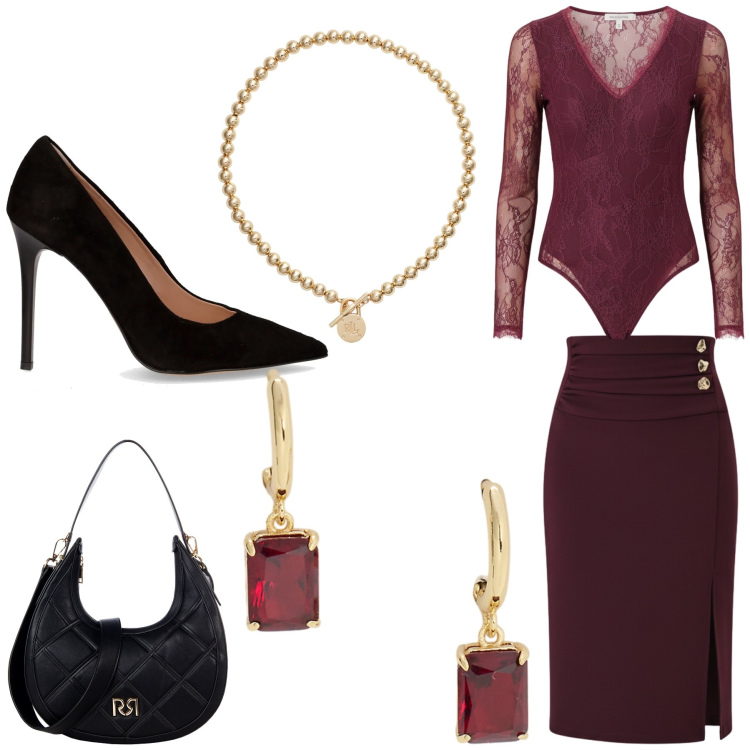 Outfit donna - La moda inizia a salire. Stile Sexy per Ufficio. look ideale per Petite. Abbinamento con bluse, gonne longuette, borse a tracolla, orecchini, collane, décolleté.