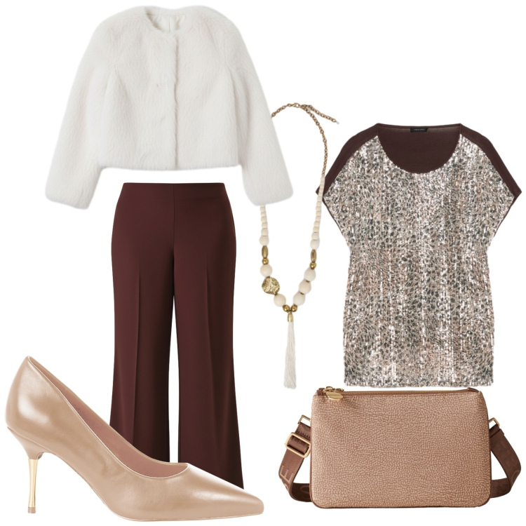 Outfit donna - Brown. Stile Glamour per Serata fuori. Abbinamento con ecopellicce, décolleté, pantaloni a palazzo, borse a tracolla, bluse, ciondoli.