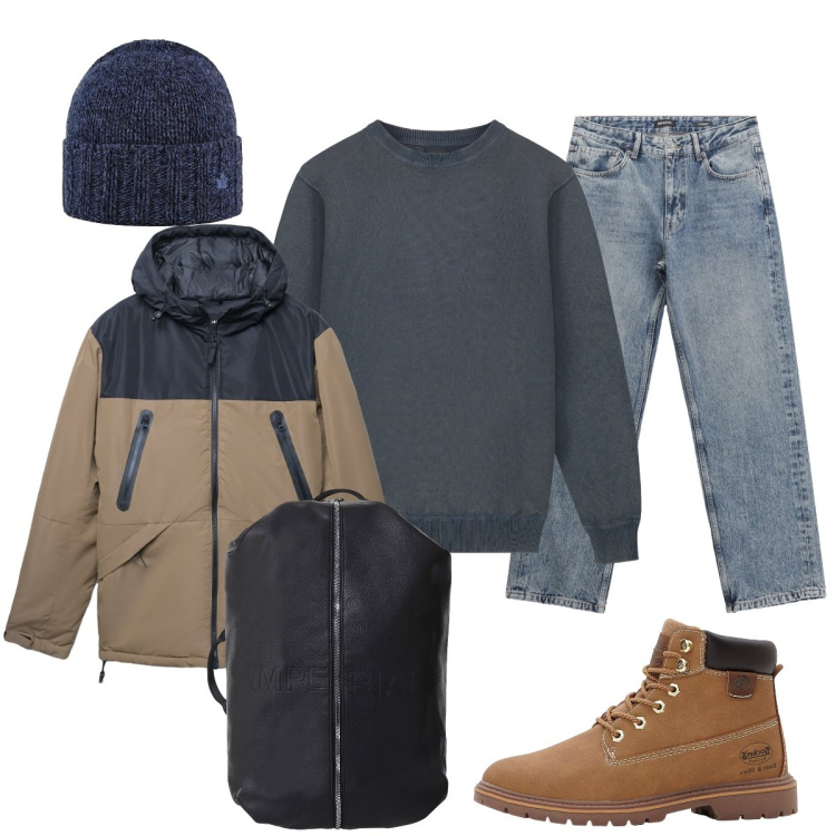Outfit uomo - In viaggio…. Stile Casual per Tutti i giorni. Abbinamento con stivali e stivaletti, bomber, jeans dritti, borse sportive, cappelli, maglieria.