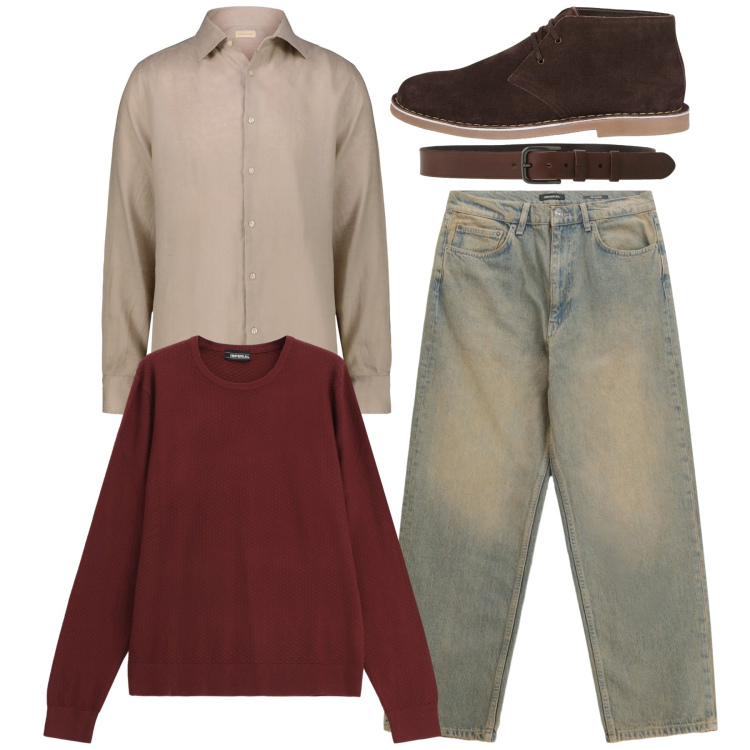 Outfit uomo - Total look. Stile Casual per Tutti i giorni. Abbinamento con jeans, maglieria, cinture, camicie, stivali e stivaletti.