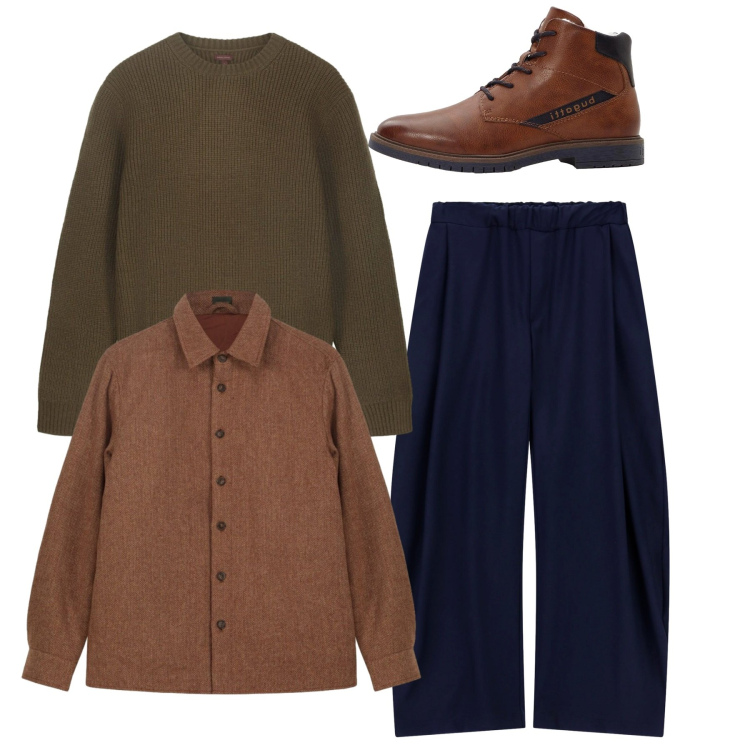 Outfit uomo - Total look. Stile Trendy per Tutti i giorni. Abbinamento con anfibi, pantaloni, cappotti, maglieria.