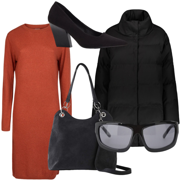 Outfit donna - Basic Sunday. Stile Basic per Tutti i giorni. Abbinamento con décolleté, borse a mano, occhiali da sole, piumini, vestiti midi/longuette.