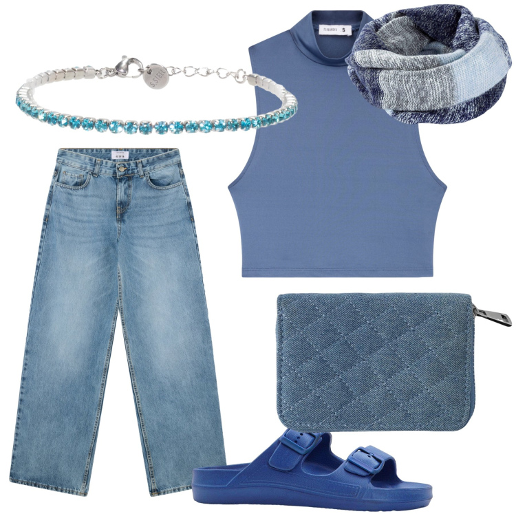 Outfit donna - Blue Sunday at home. Stile Basic per Tutti i giorni. Abbinamento con foulard, ciabatte, portafogli, top, jeans boyfriend, braccialetti.