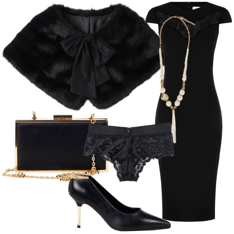 Outfit donna - Sunday night. Stile Glamour per Serata fuori. Abbinamento con culotte, stole, vestiti midi/longuette, pochette, décolleté, ciondoli.