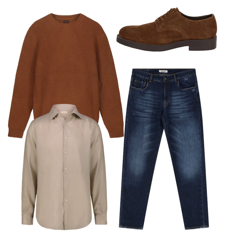 Outfit uomo - Total look. Stile Casual per Tutti i giorni. Abbinamento con jeans dritti, maglieria, camicie, scarpe stringate.