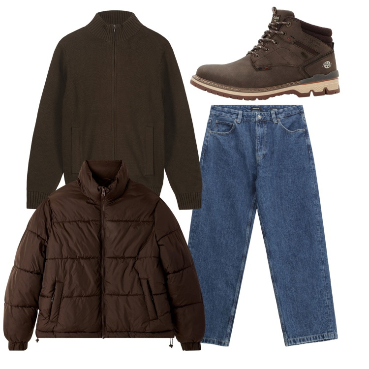 Outfit uomo - Total look. Stile Casual per Tutti i giorni. Abbinamento con stivali e stivaletti, bomber, jeans, cardigans.