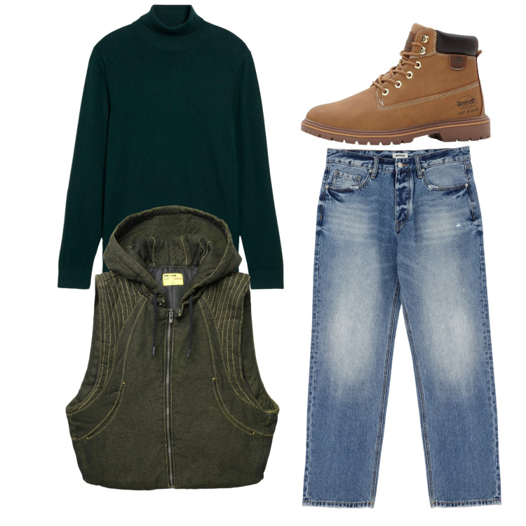 Outfit uomo - Total look. Stile Casual per Tutti i giorni. Abbinamento con stivali e stivaletti, maglieria, gilet, jeans.