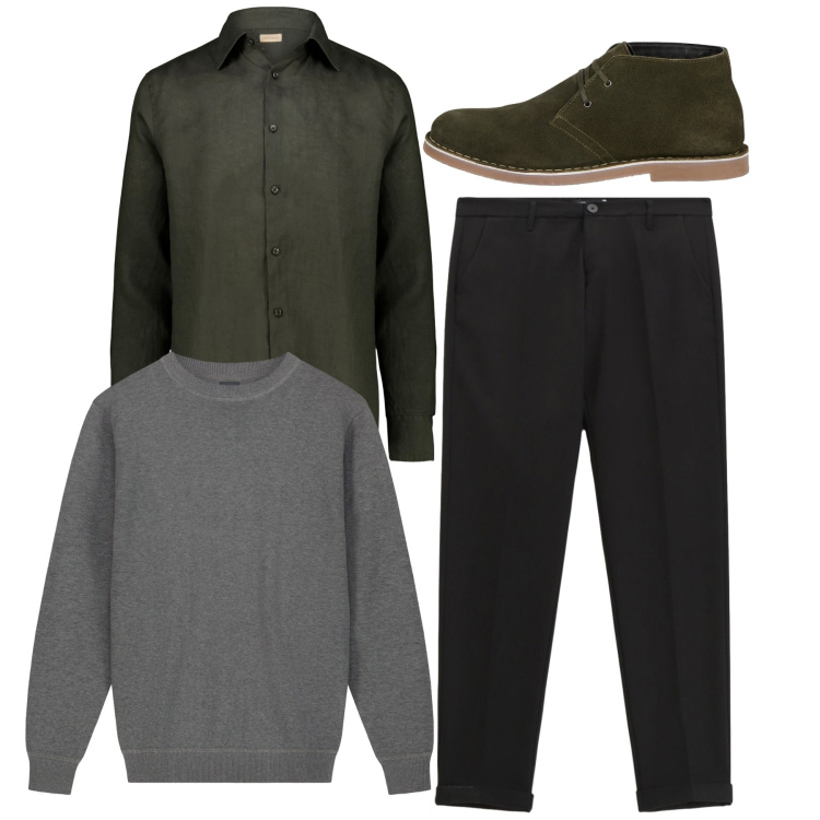 Outfit uomo - Total look. Stile Casual per Tutti i giorni. Abbinamento con pantaloni, camicie, stivali e stivaletti, maglieria.