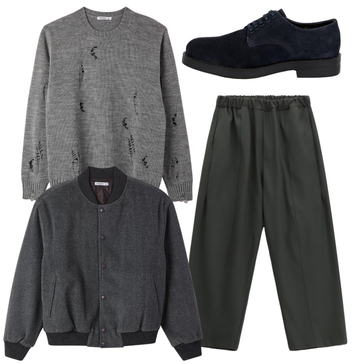 Outfit uomo - Total look. Stile Casual per Tutti i giorni. Abbinamento con bomber, maglieria, pantaloni, scarpe stringate.