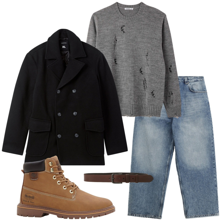 Outfit uomo - Total look #2292039. Stile Casual per Tutti i giorni. Abbinamento con stivali e stivaletti, caban, maglieria, jeans, cinture.