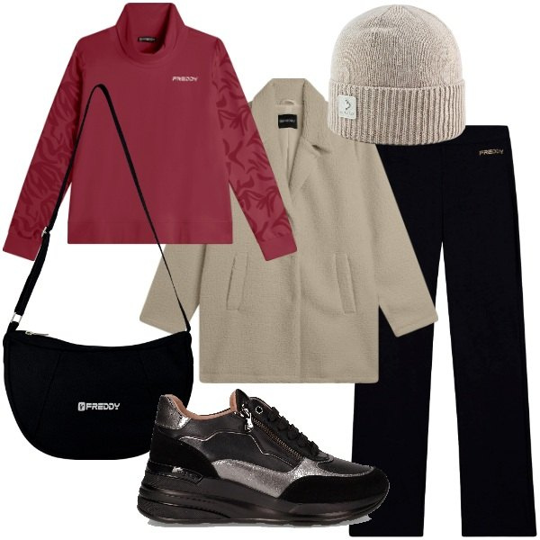 Outfit donna - Sporty-chic autunnale. Stile Sporty chic per Tutti i giorni. Abbinamento con pantaloni, cappotti, felpe, borse a spalla, berretti, sneakers alte.