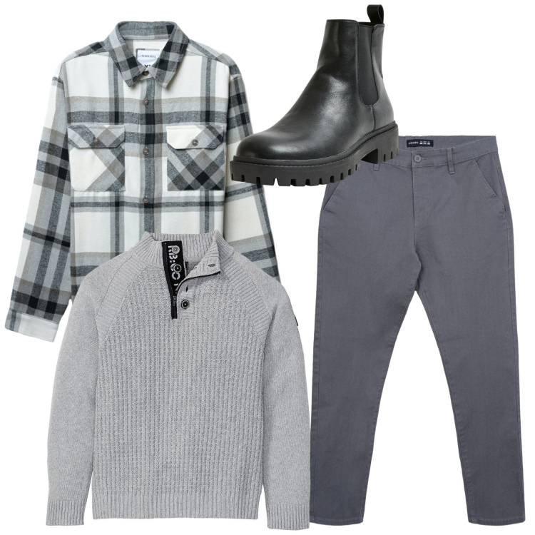 Outfit uomo - Total look. Stile Casual per Tutti i giorni. Abbinamento con maglieria, stivali e stivaletti, pantaloni chino, cappotti.