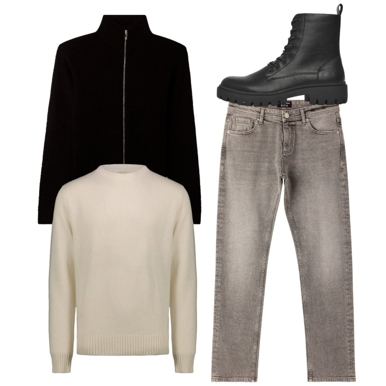 Outfit uomo - Total look. Stile Casual per Tutti i giorni. Abbinamento con anfibi, jeans, cardigans, maglieria.