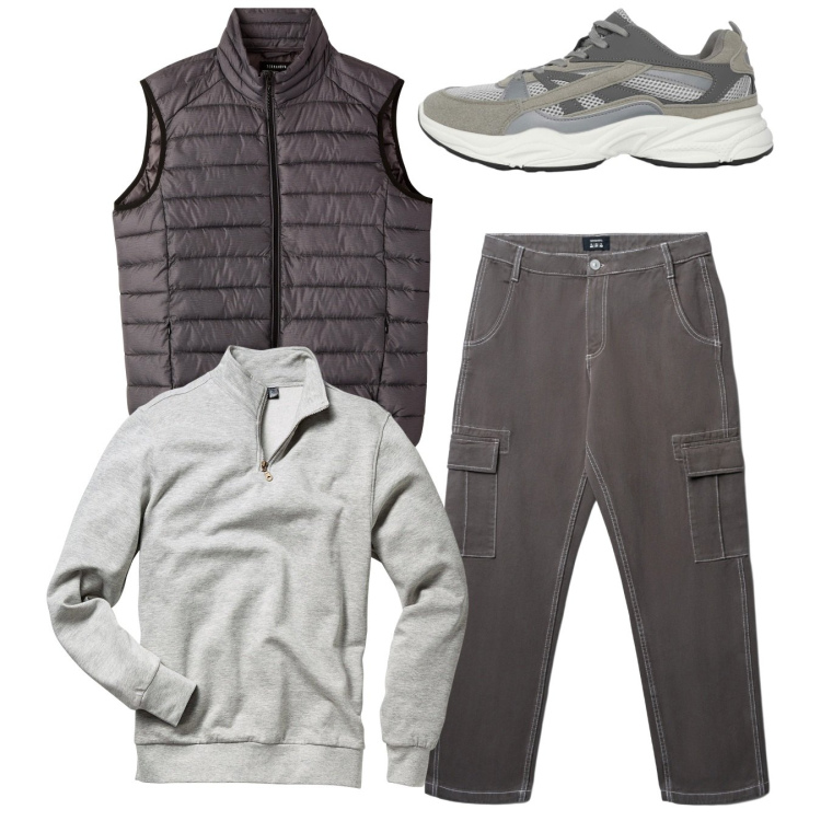 Outfit uomo - Total look. Stile Casual per Tutti i giorni. Abbinamento con felpe, sneakers, pantaloni cargo, piumini.