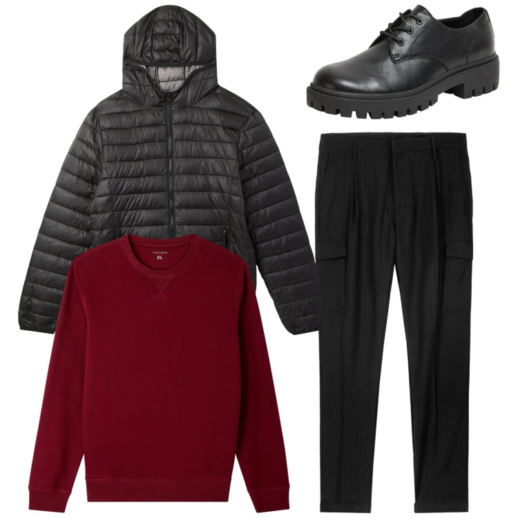 Outfit uomo - Total look. Stile Casual per Tutti i giorni. Abbinamento con scarpe stringate, felpe, piumini, pantaloni cargo.