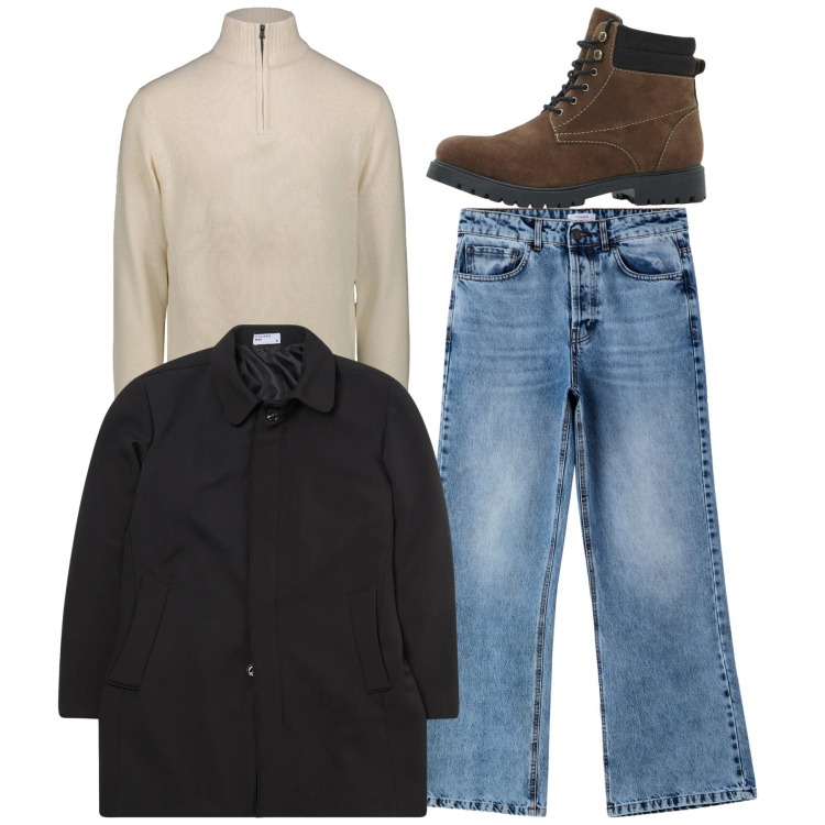 Outfit uomo - Total look. Stile Casual per Tutti i giorni. Abbinamento con stivali e stivaletti, eskimo, jeans, maglieria.
