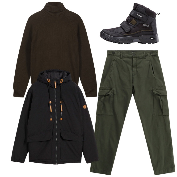 Outfit uomo - Total look. Stile Casual per Tutti i giorni. Abbinamento con stivali e stivaletti, piumini, pantaloni cargo, pullovers.