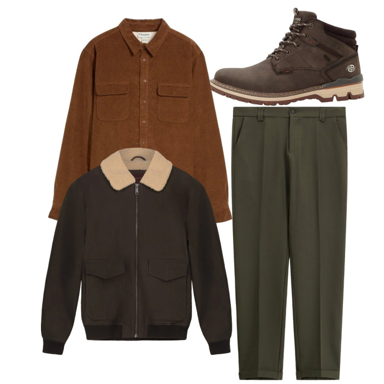 Outfit uomo - Total look. Stile Casual per Tutti i giorni. Abbinamento con stivali e stivaletti, camicie, pantaloni chino, bomber.
