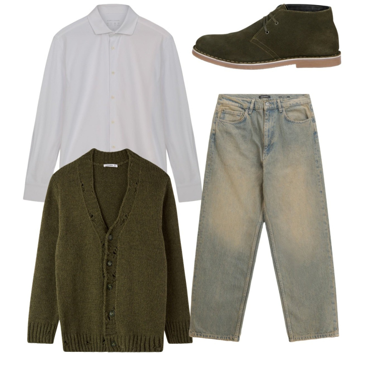 Outfit uomo - Total look. Stile Casual per Tutti i giorni. Abbinamento con cardigans, jeans, stivali e stivaletti, camicie.