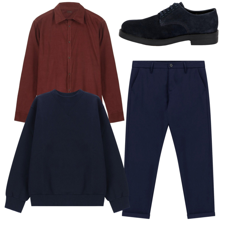 Outfit uomo - Total look. Stile Casual per Tutti i giorni. Abbinamento con pantaloni, felpe, scarpe stringate, camicie.