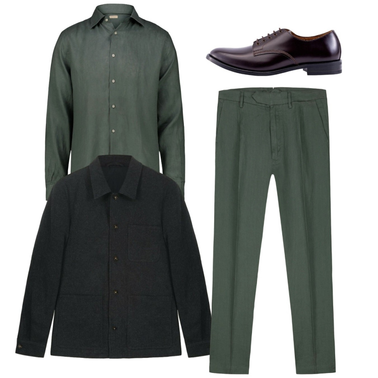 Outfit uomo - Total look. Stile Casual per Tutti i giorni. Abbinamento con scarpe stringate, pantaloni, camicie, cappotti.