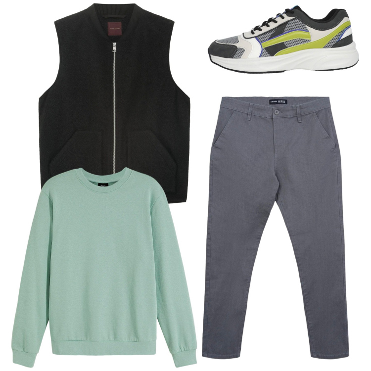 Outfit uomo - Total look. Stile Casual per Tutti i giorni. Abbinamento con felpe, pantaloni chino, sneakers, piumini.