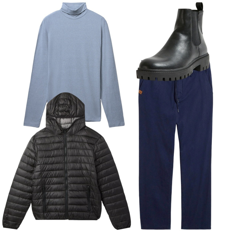 Outfit uomo - Total look. Stile Casual per Tutti i giorni. Abbinamento con pantaloni chino, stivali e stivaletti, t-shirt, piumini.