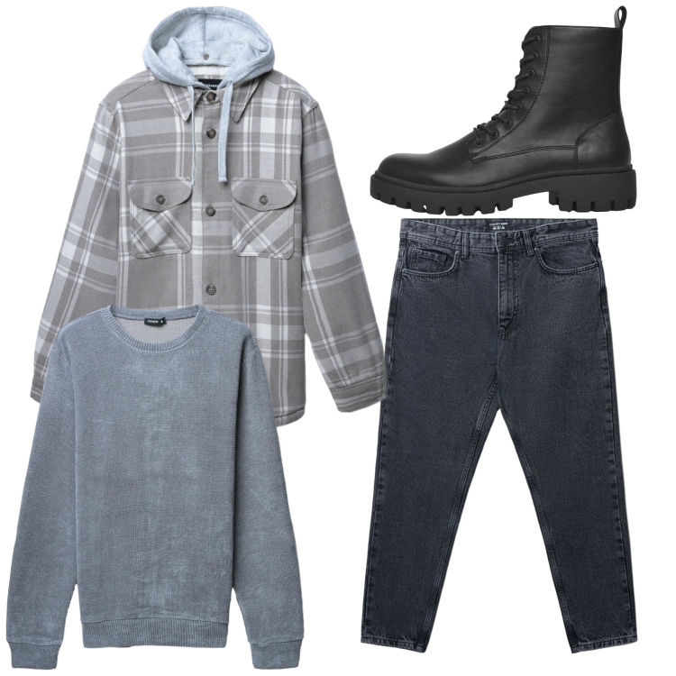 Outfit uomo - Total look. Stile Casual per Tutti i giorni. Abbinamento con anfibi, jeans strappati, maglieria, cappotti.
