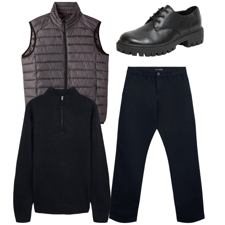 Outfit uomo - Total look. Stile Casual per Tutti i giorni. Abbinamento con scarpe stringate, piumini, pantaloni chino, maglieria.