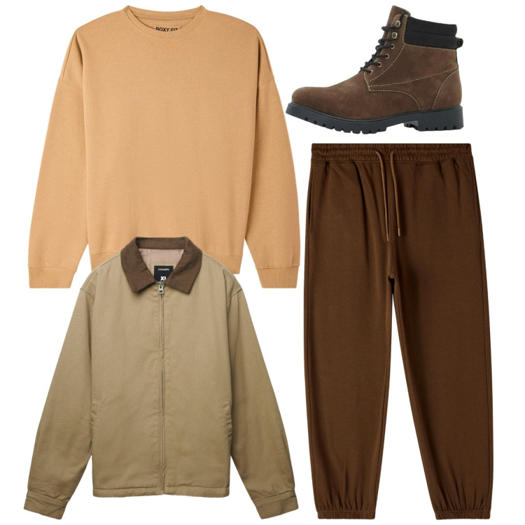 Outfit uomo - Total look. Stile Casual per Tutti i giorni. Abbinamento con stivali e stivaletti, felpe, pantaloni, cappotti.