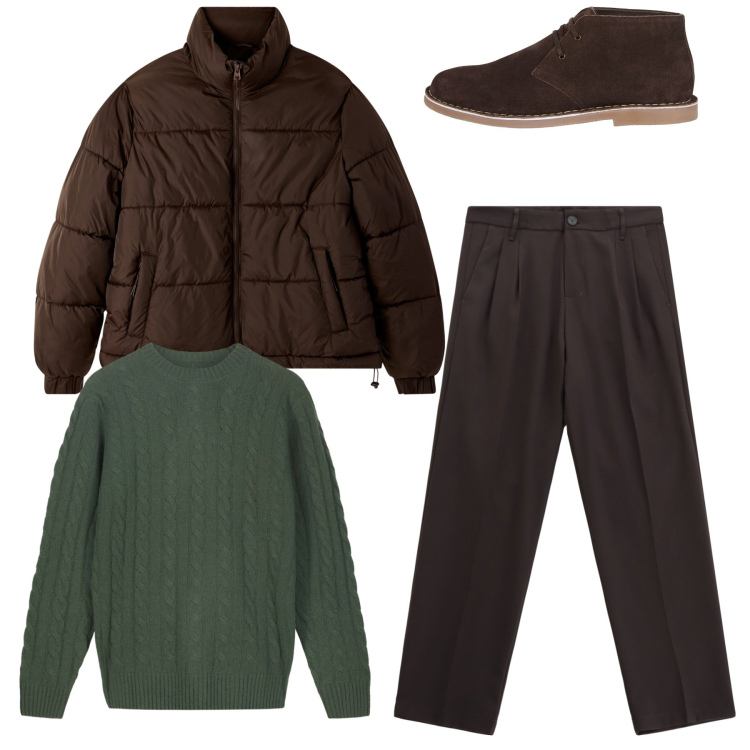 Outfit uomo - Total look. Stile Casual per Tutti i giorni. Abbinamento con bomber, pantaloni, stivali e stivaletti, maglieria.