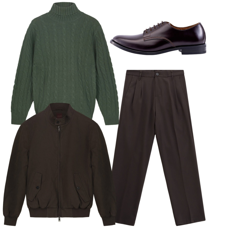 Outfit uomo - Total look. Stile Casual per Tutti i giorni. Abbinamento con pantaloni, bomber, scarpe stringate, maglieria.
