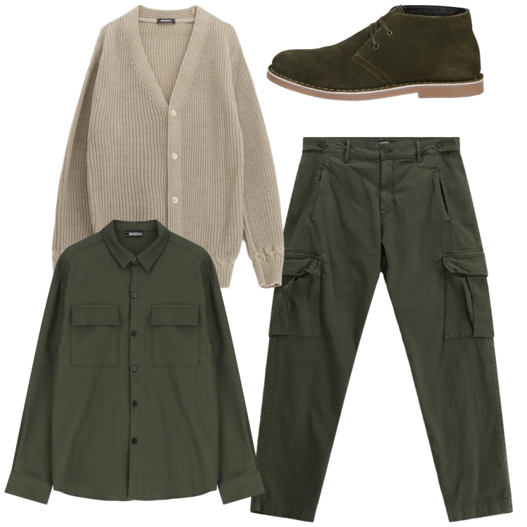 Outfit uomo - Total look. Stile Casual per Tutti i giorni. Abbinamento con camicie, cardigans, pantaloni cargo, stivali e stivaletti.