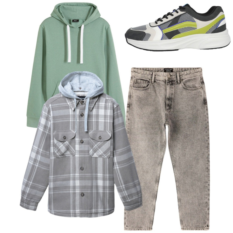 Outfit uomo - Total look. Stile Casual per Tutti i giorni. Abbinamento con felpe con cappuccio, jeans dritti, cappotti, sneakers.