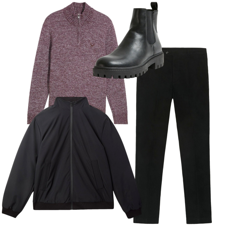 Outfit uomo - Total look. Stile Casual per Tutti i giorni. Abbinamento con maglieria, stivali e stivaletti, giacche, pantaloni chino.